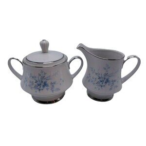 Noritake Carolyn Blue Floral Creamer & Sugar Set With Lid Vintage